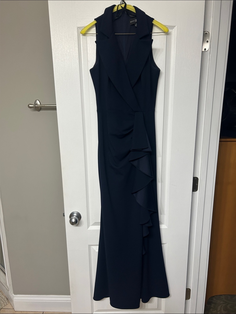 Betsy Adam Navy Sleeveless Wrap-Front Maxi with Cascading Ruffle